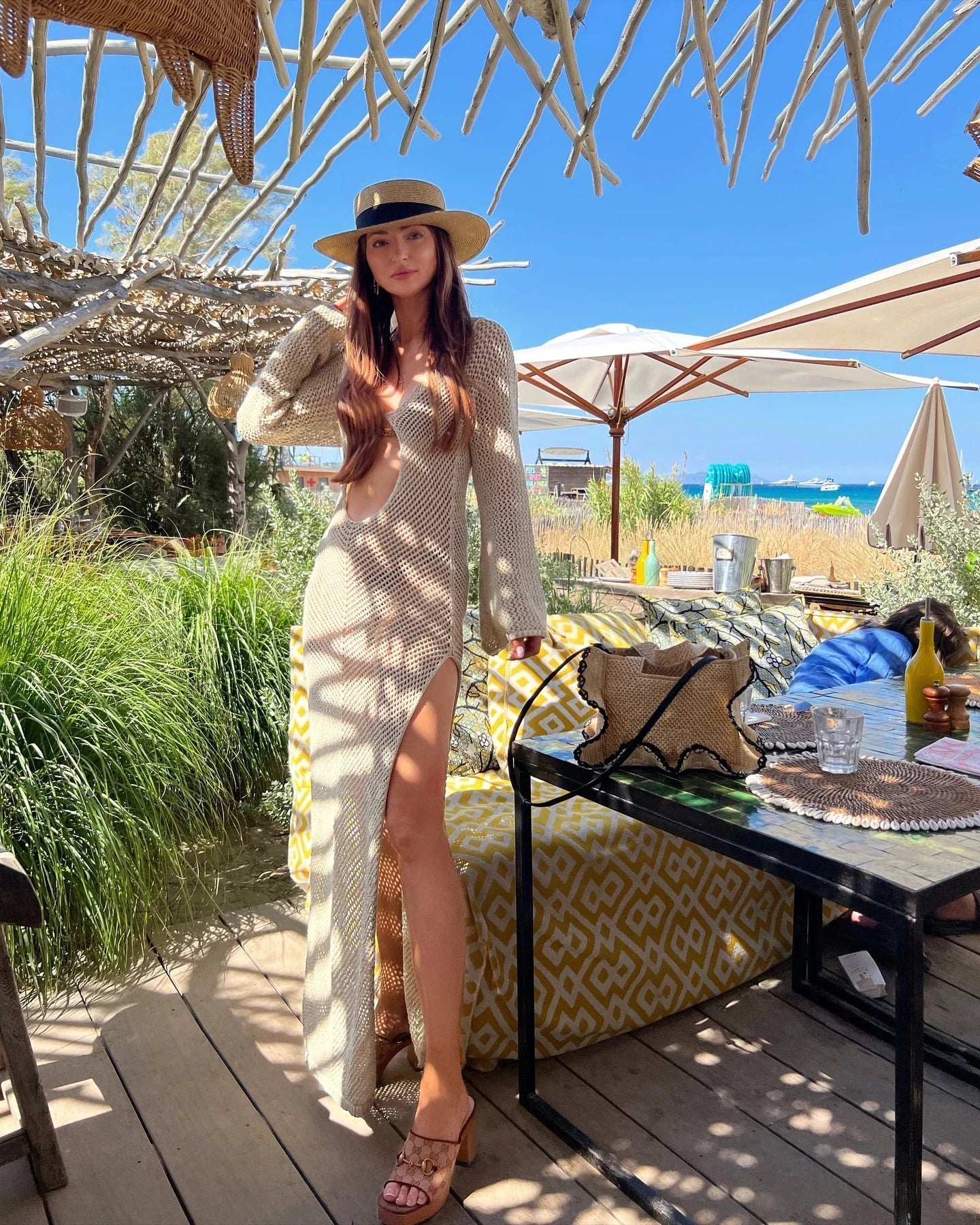 Solid Colour Beach Maxi Dress 2025 Women Summer Sexy Knit Flared Long Sleeve Slit Cut Out Swimsuit Cover Up Holiday Outfits K120 Luxlife Brands