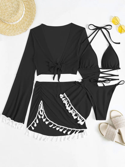 4 Pieces Lace Up Halter Triangle Bikini Swimsuit & Cover Up Top With Skirt Sexy Swimwear Women 2023 Bathing Swimming Suit Female