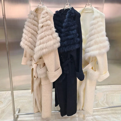 Lady Fashion Sweater Autumn Winter Long Coat 2023 Women's Knitted Cardigan Fox Fur Trim Belt LUXLIFE BRANDS