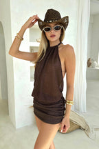 Sexy Knit Mini Dress 2025 Summer Chic Backless Wrap Lace-up Beachwear Swimsuit Cover Up Women's Party Outfits Club Dresses K227 Luxlife Brands