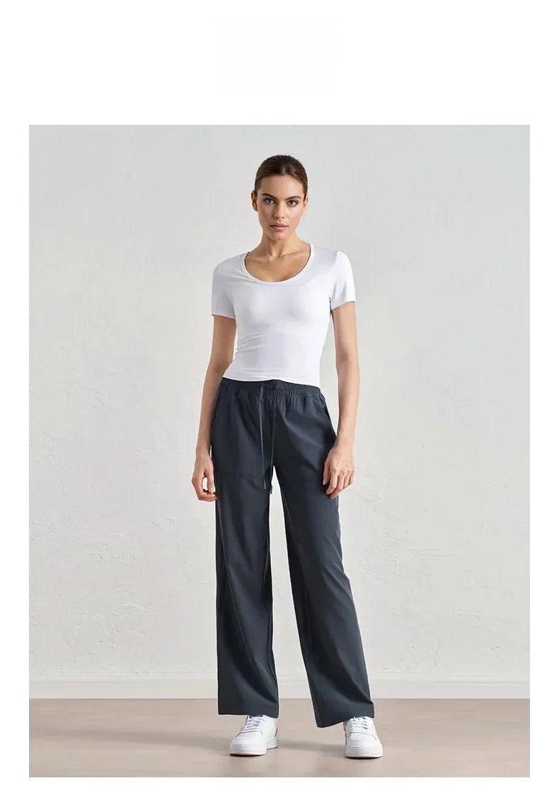 Alo Eup High Waist Wide Leg Dstring Pants Summer Casual Fitn Outdoor Sports Straight Leg Loose Fit Trousers