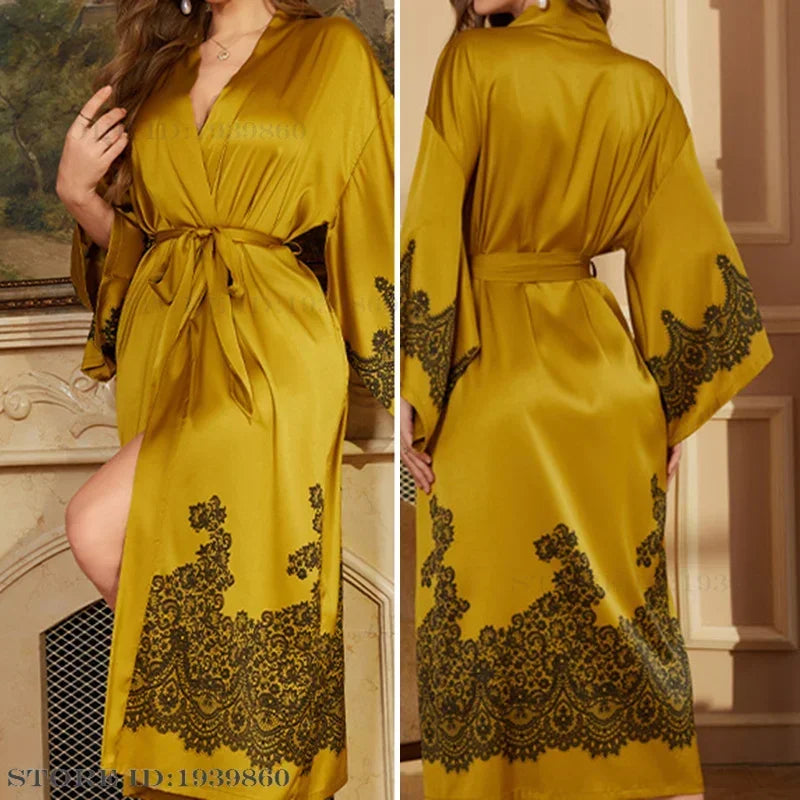 New Long Robe Women's Sleepwear Print Flower Kimono Bathrobe Gown Yukata Loose Silk Satin Nightdress Homewear Intimate Lingerie