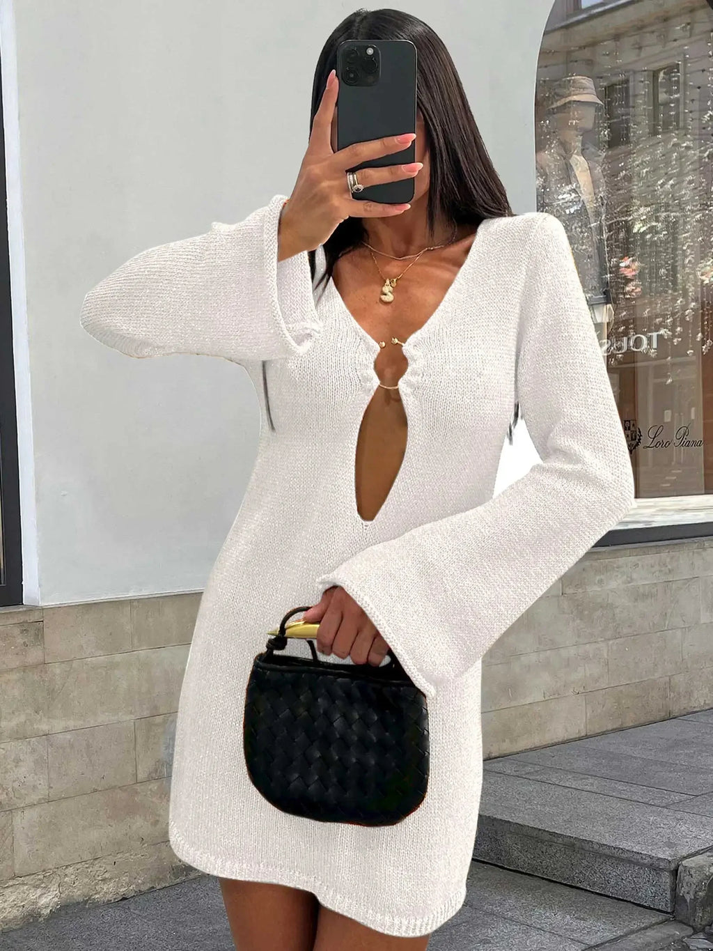 Sexy V Neck Flared Sleeve Slim Knitted Mini Dress 2024 Autumn / Winter Women's Elegant Long Sleeve Vacation Short Dresses A2917