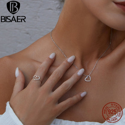 BISAER 925 Sterling Silver Simple Love Heart Pendant Necklace Zircon Adjustable Chain For Women Wedding Fine Jewelry 3 Colors