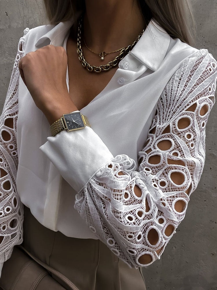 White Sexy Lace Hollow Out Women Blouse 2023 Spring Black Vintage Button Up Shirts Top Long Sleeve Mesh Design Tops Femme 19948