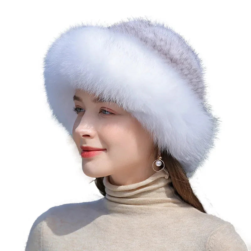 New Genuine Real Natural Knitted Mink Fur Hat Cap Luxury Women Handmade Knit Fashion Winter Headwear Warm Real Fox Fur Beanies LUXLIFE BRANDS