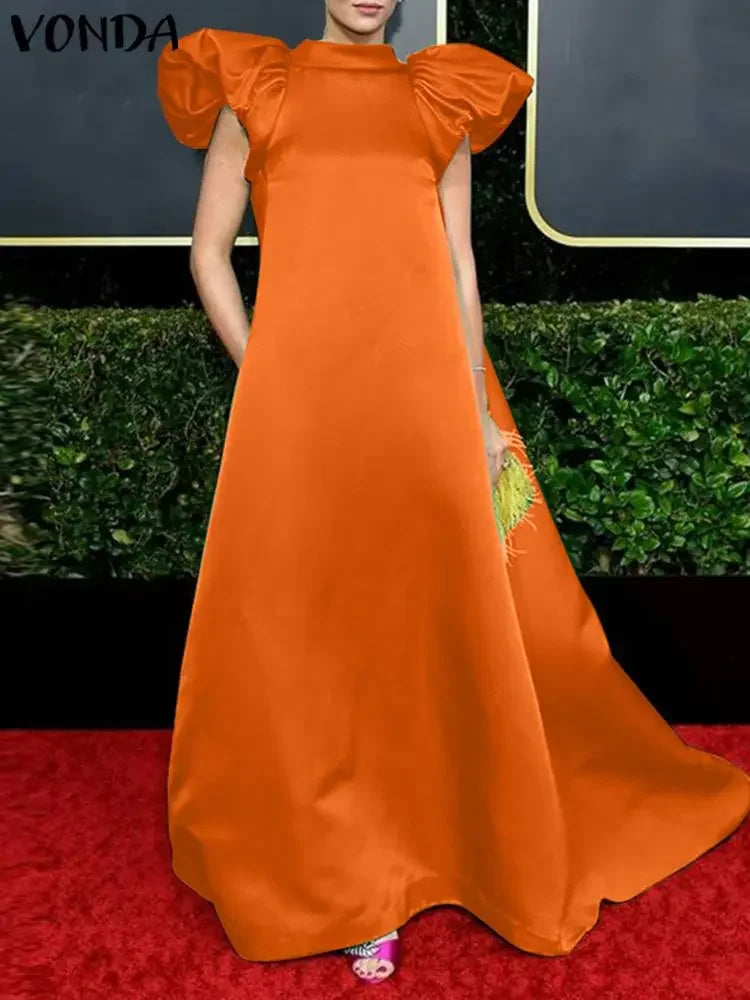 Women Floor-Length Dress 2023 VONDA Bohemian Turtleneck Puff Sleeve Fashion Party Vestidos Elegant Office Sundress Oversized