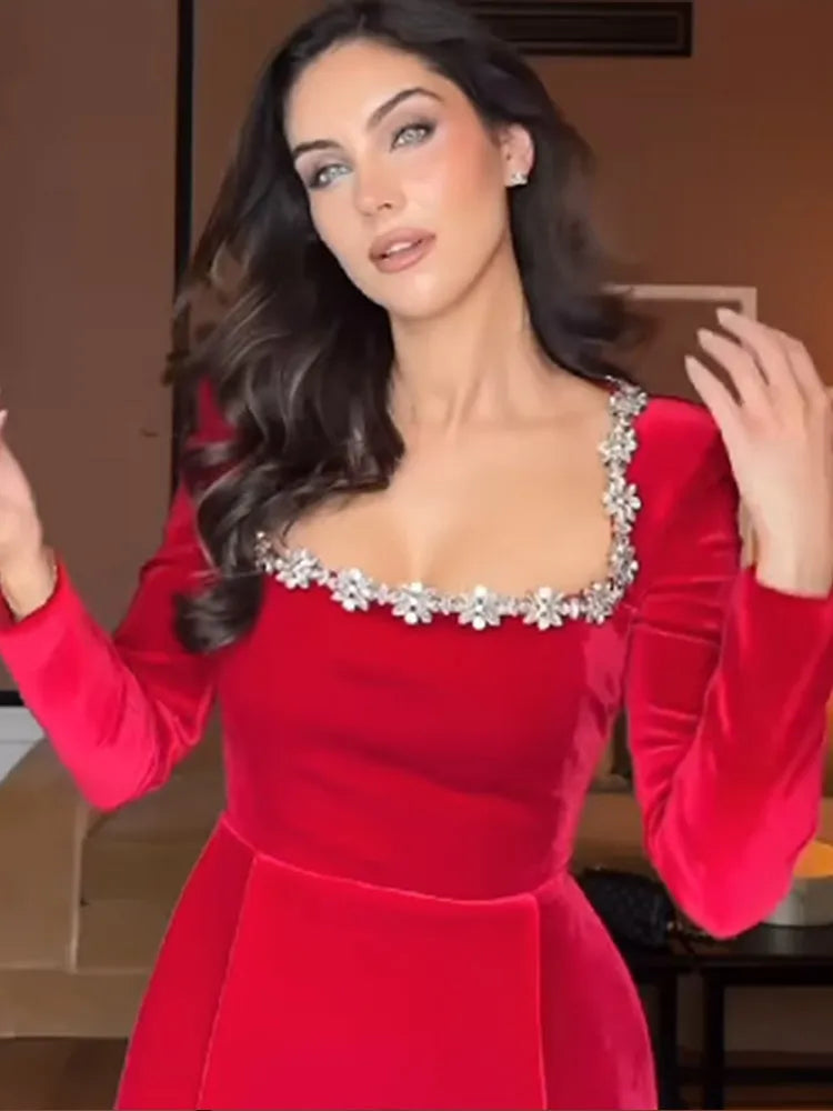 Santa Baby Long Sleeve Velvet Beaded Dress