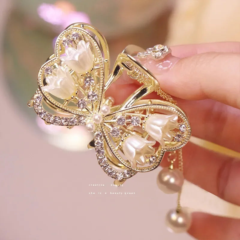 Luxury Flower Bowknot Hair Claw Women Crystal Alloy Tassel Hair Clips Girls Fashion Simplicity Shark Crab Clips Hair Accessoires LUXLIFE BRANDS