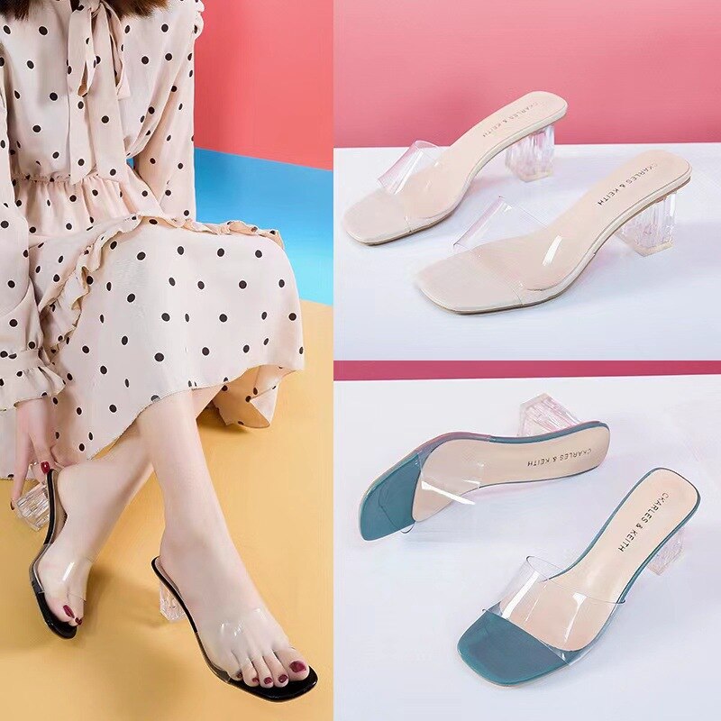Comemore Crystal Clear Transparent Heel Slippers Female Shoes Middle Heels Comfortable New Summer Women Fashion Mules Slides 42