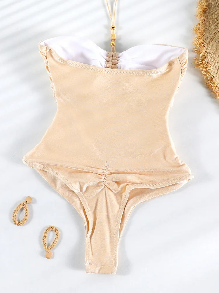 Miyouj Solid Color Swimwear Women's Swimsuit Bandage One Piece Suit High Waist Beachwear High Cut Bathsuit Hollow Out Swimsuits