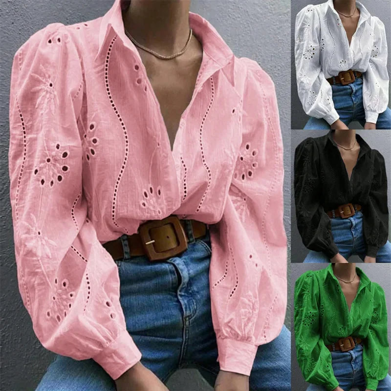 White Long Sleeve Buttons Shirt Women 2024 Autumn Casual Solid Offie Embroidery Women's Tops Blouse Shirts Top Femme Camicette