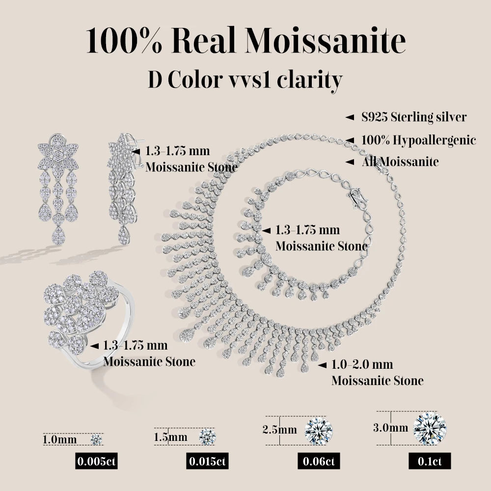 ATTAGEMS Real Moissanite Jewelry Set for Women D VVS1 S925 Sterling Silver Luxury Ring Earrings Bracelet Necklace  Wedding Gifts