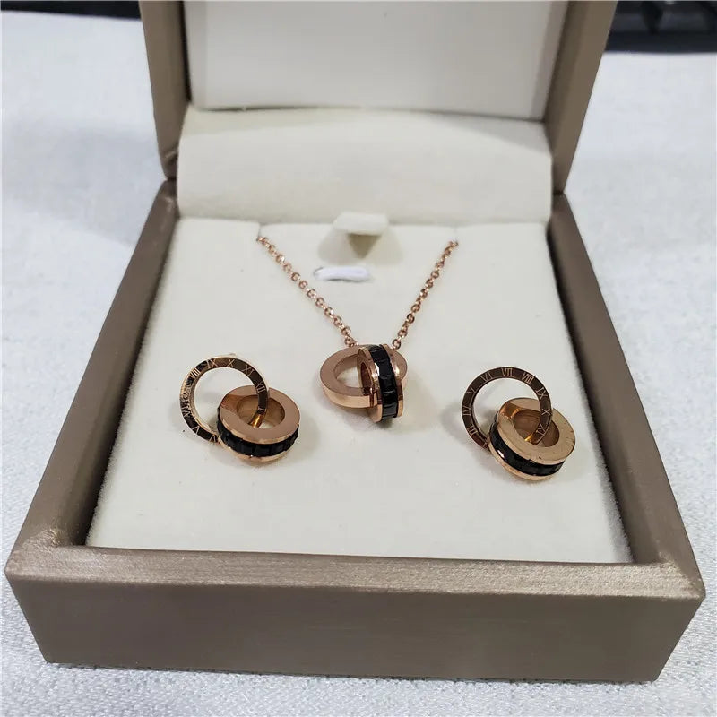 316L Stainless Steel Micro Red White Inlaid Zircon  Roman Digital Lifting Earrings Necklace Wedding Bridal Jewelry Set Luxlife Brands