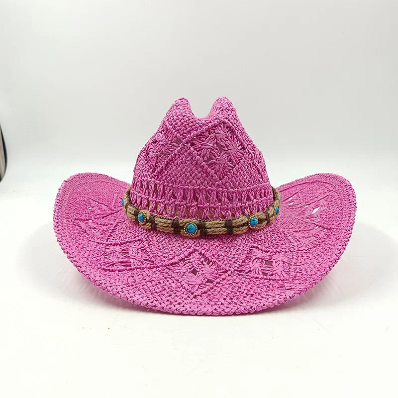 Hand-woven hollow denim straw hat men's and women's summer sunscreen hat western cowboy straw hat sombrero mujer sombrero hombre