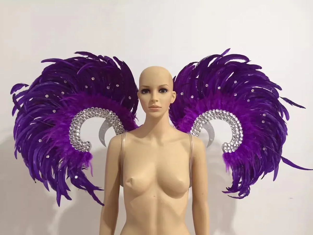 Showgirl Feather Wing Backpiece with Rhinestone Scroll Frames