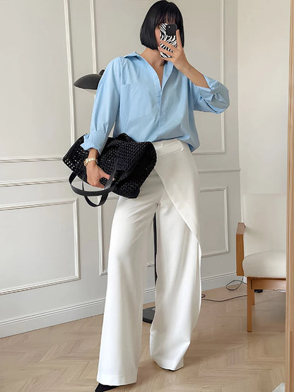 Aynaray 2024 Autumn Winter Women Asymmetric Office Trousers High Waist Solid White Straight Pants For Women Female