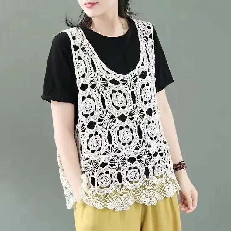 2024 Women Beach Crochet Daily Hollow Out Knit Loose-fitting Round Collar Spaghetti Strap Crop Top Scalloped Loose Vest L45