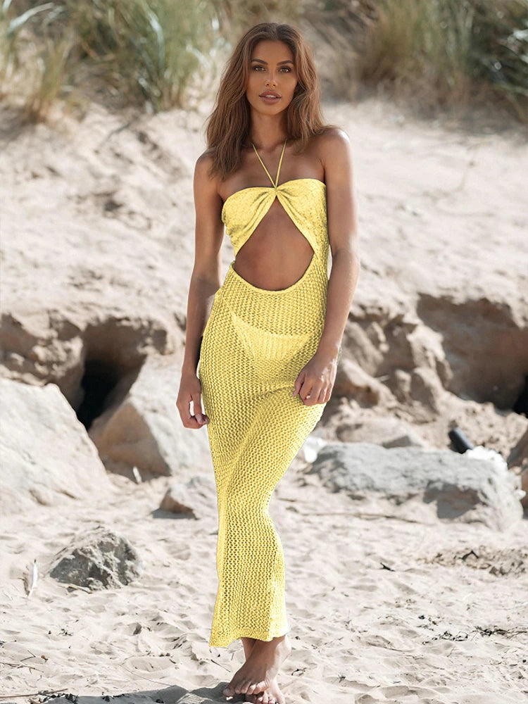 Sexy Knit Halter Neck Cut Out Beach Maxi Dress 2025 Summer Swimsuit Cover Up Women's Solid Colour Vacation Party Outfit K232 Luxlife Brands
