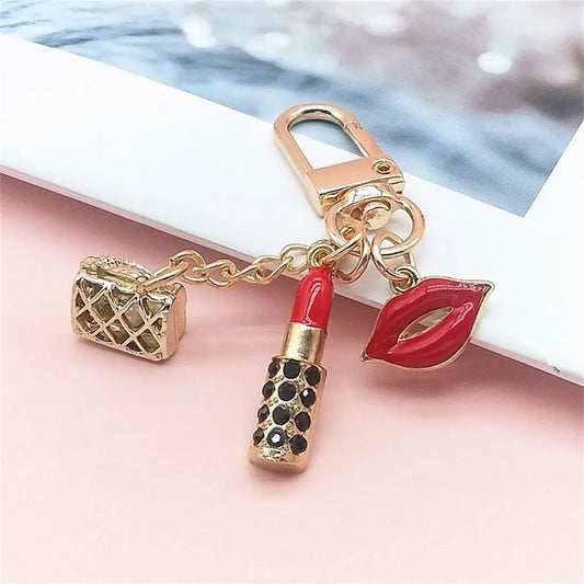 New Lipstick Lips Keychain with Black Rhinestones Key Ring Delicate Metal Pendant Charms for Women Girl Bag Car Accessories LUXLIFE BRANDS