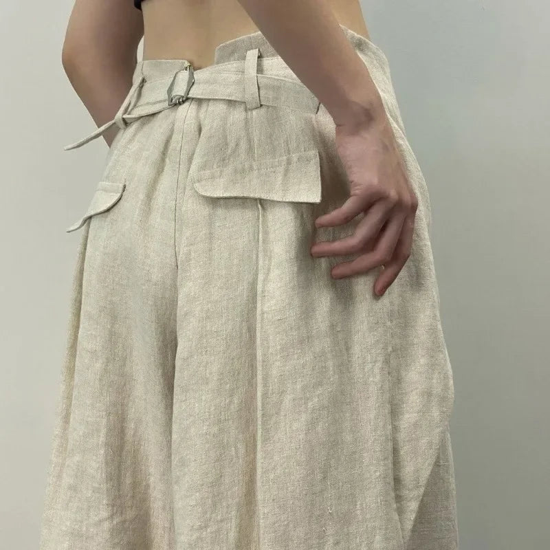 Hikigawa Chic Fashion Women Casual Pleated Wide Leg Pants Linen Texture All Match Loose High Waist Trousers Mujer Pantalones