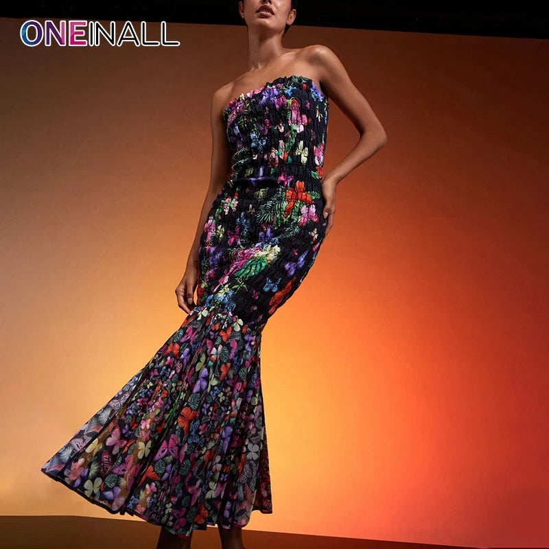 ONEINALL Hit Color Floral Printing Backless Dress For Women Halter Sleeveless High Waist Slimming Temperament Dresses Female New