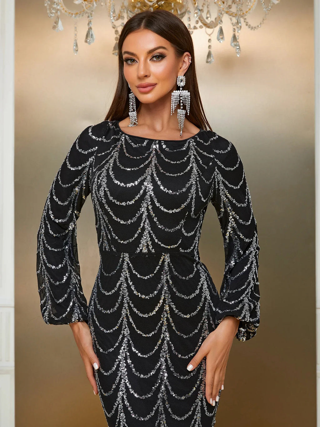 YISOKADO Giffniseti Women's Boat Neck Lantern Sleeve Sequin Formal Dress LUXLIFE BRANDS