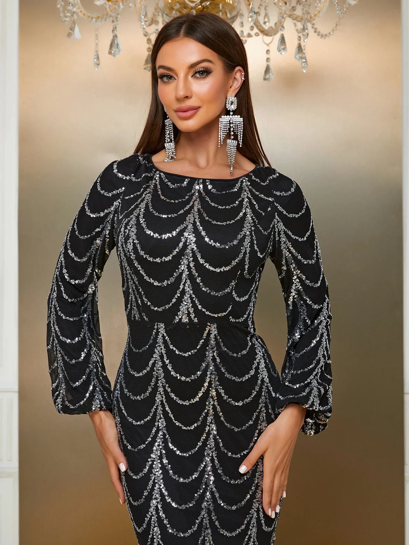 YISOKADO Giffniseti Women's Boat Neck Lantern Sleeve Sequin Formal Dress LUXLIFE BRANDS