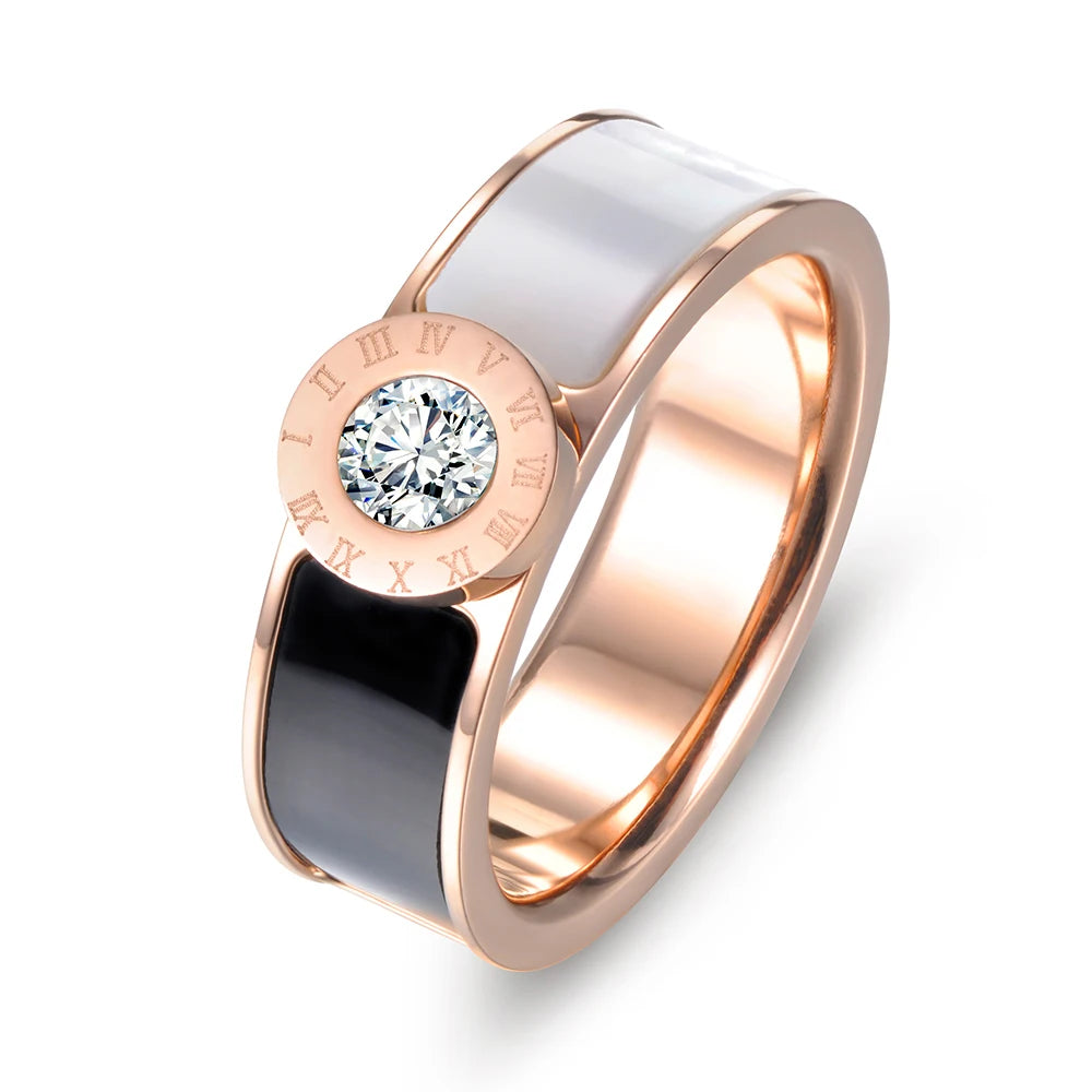 JeeMango Fashion Stainless Steel Fine Jewelry Cubic Zirconia Shell Roman Alphabet Bridal Wedding Rings For Women Jewelry JR17033 Luxlife Brands