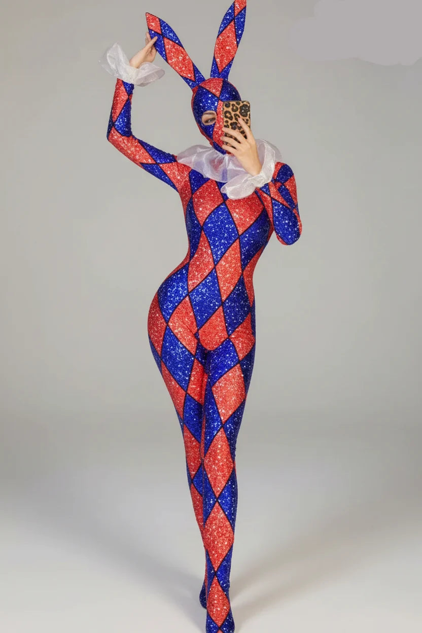 Futuristic Geometric Rhinestone Bunny Bodysuit – Luxury Showgirl Stage Costume & Exotic Festival Leotard with Statement Collar