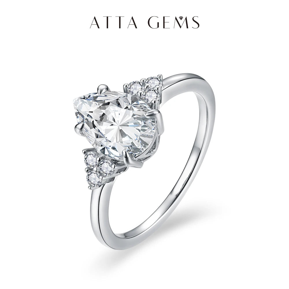 ATTAGEMS New Solid S925 Sliver 2.0ct Moissanite Rings for Women D VVS1 Pear Shape Diamond Engagement Wedding Fine Jewelry Gift
