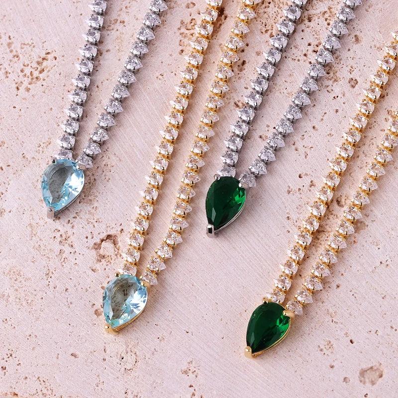 High Quality Iced Out Chain Water Drop Cubic Zirconia Light Blue Necklace for Women 18K Gold Plated Bridal Wedding Party Jewelry LUXLIFE BRANDS