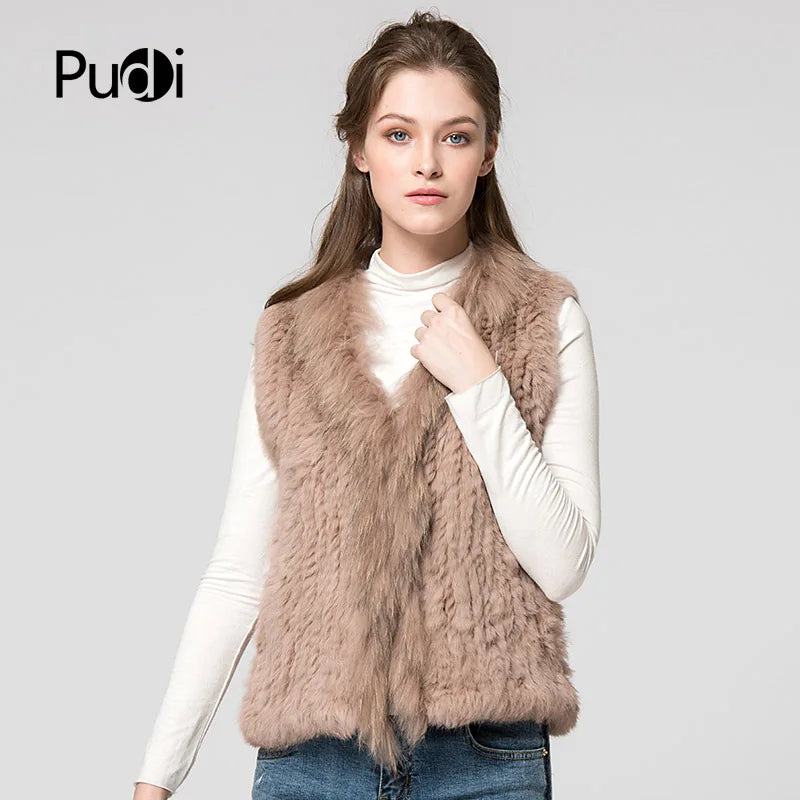 VT7008 Womens Natural Real Rabbit Fur Vest With Raccoon Fur Collar Waistcoat/jackets Rabbit Knitted Winter