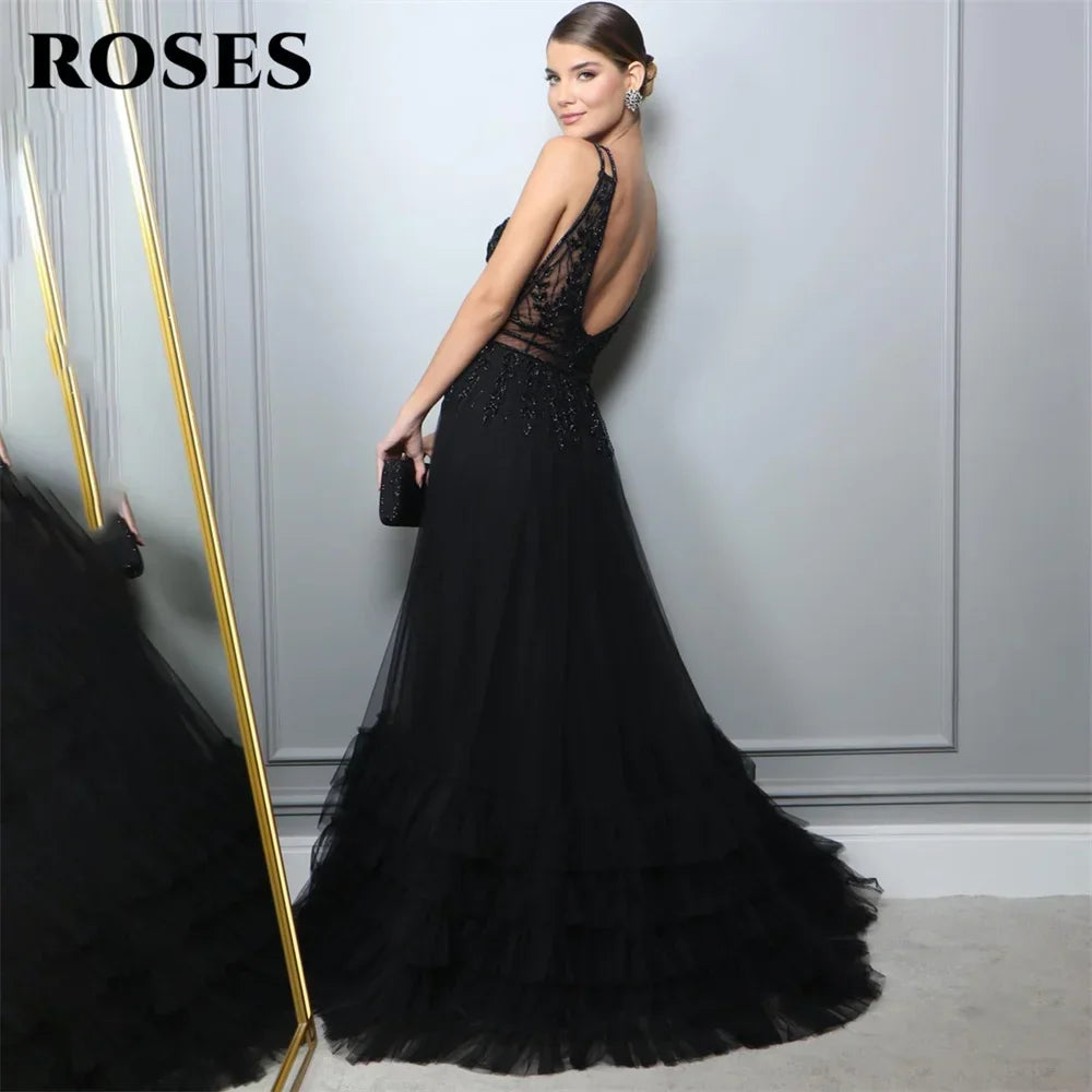 ROSES A Line Tank Evening Dresses Net Beading Sequin Charming Prom Dress Embroidery Party Dresses Custom Size vestidos de noche Luxlife Brands