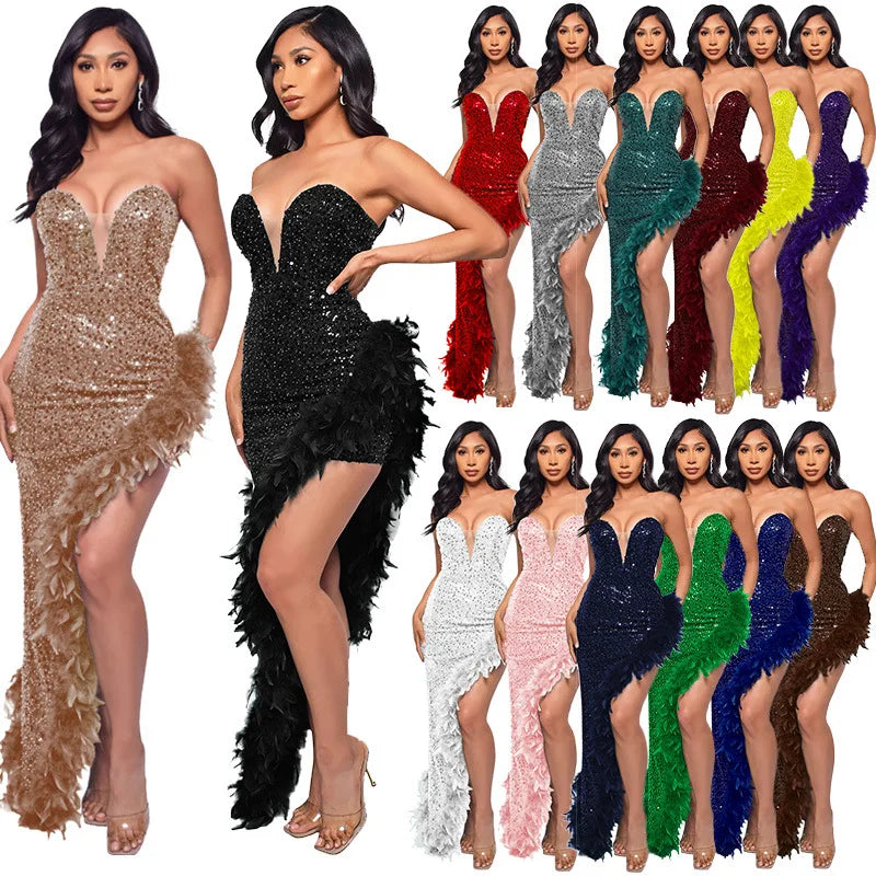 Luxury High Low Feather Sequins Maxi Dress for Women Bodycon Christmas Dress Stitching Evening Prom Dresses for Party Club LUXLIFE BRANDS