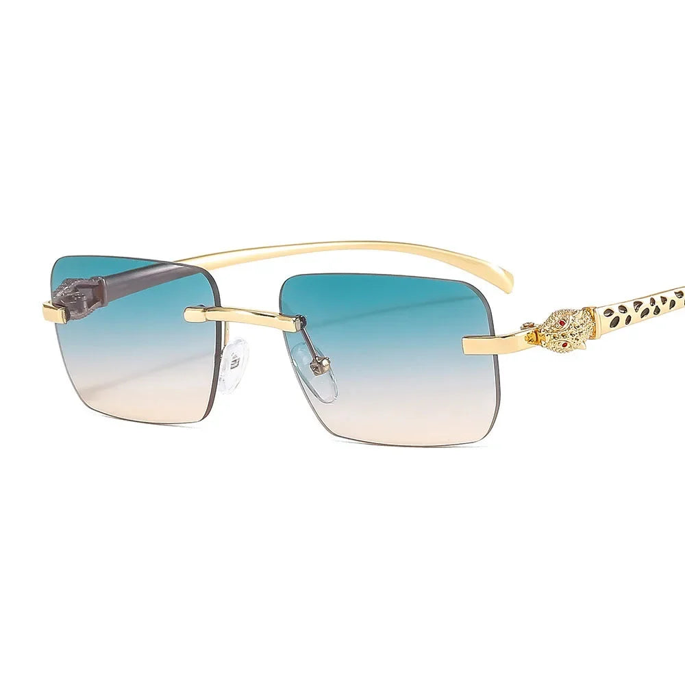 Vintage Fashion Rimless Small Square Sunglasses Women Men Luxury Brand Designer Travel Driving Metal Leopard Head Sun Glasses Luxlife Brands