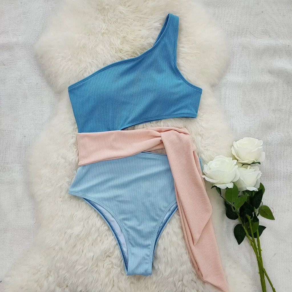 Patchwork One-Piece Swimsuit Women&#39;s Plain One-Shoulder Midriff Outfit Strap Bikini Set Swimwear Women 2023 Seaside Bathing Suit