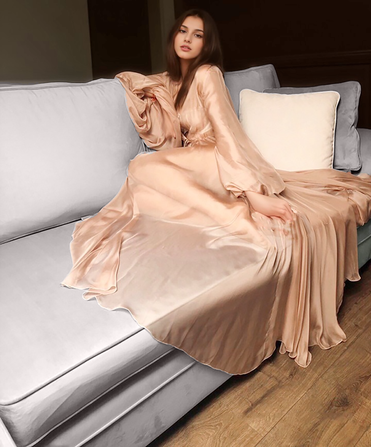 Unique Silky Shiny Crinkle Chiffon long Lingerie Robe dress SelenaHuanStudio