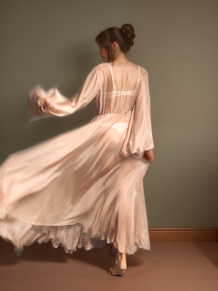 Unique Silky Shiny Crinkle Chiffon long Lingerie Robe dress SelenaHuanStudio