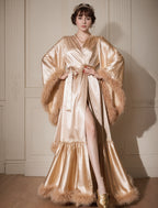 Silky Satin Feather Fringe Hem Long Robe (Victorian Style) - next day shipping selective colors SelenaHuanStudio