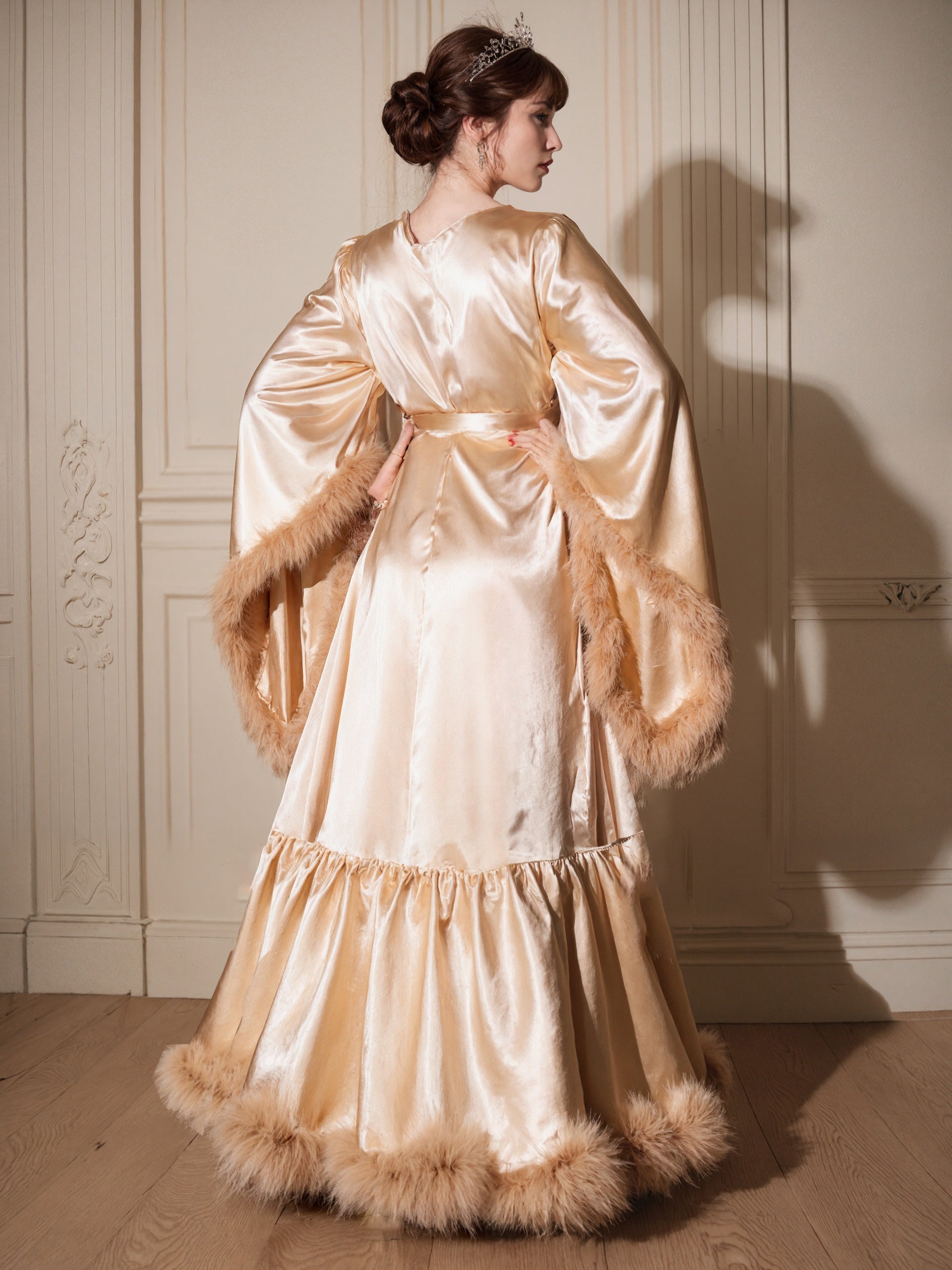 Silky Satin Feather Fringe Hem Long Robe (Victorian Style) - next day shipping selective colors SelenaHuanStudio