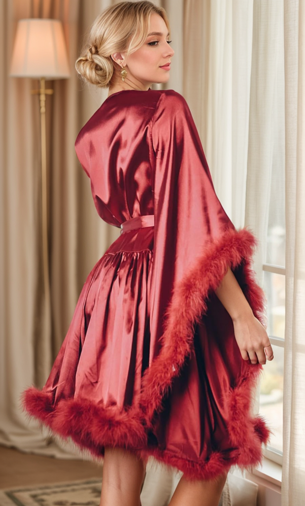 Short Satin Feather Robe – Holiday Photoshoot, Christmas Gift, Glam Party Outfit SelenaHuanStudio
