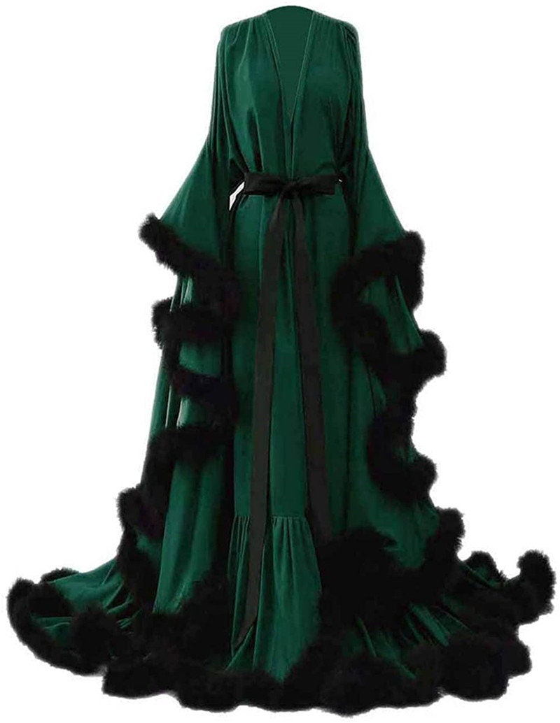 Silky Satin Feather Fringe Hem Long Robe (Victorian Style) - next day shipping selective colors SelenaHuanStudio