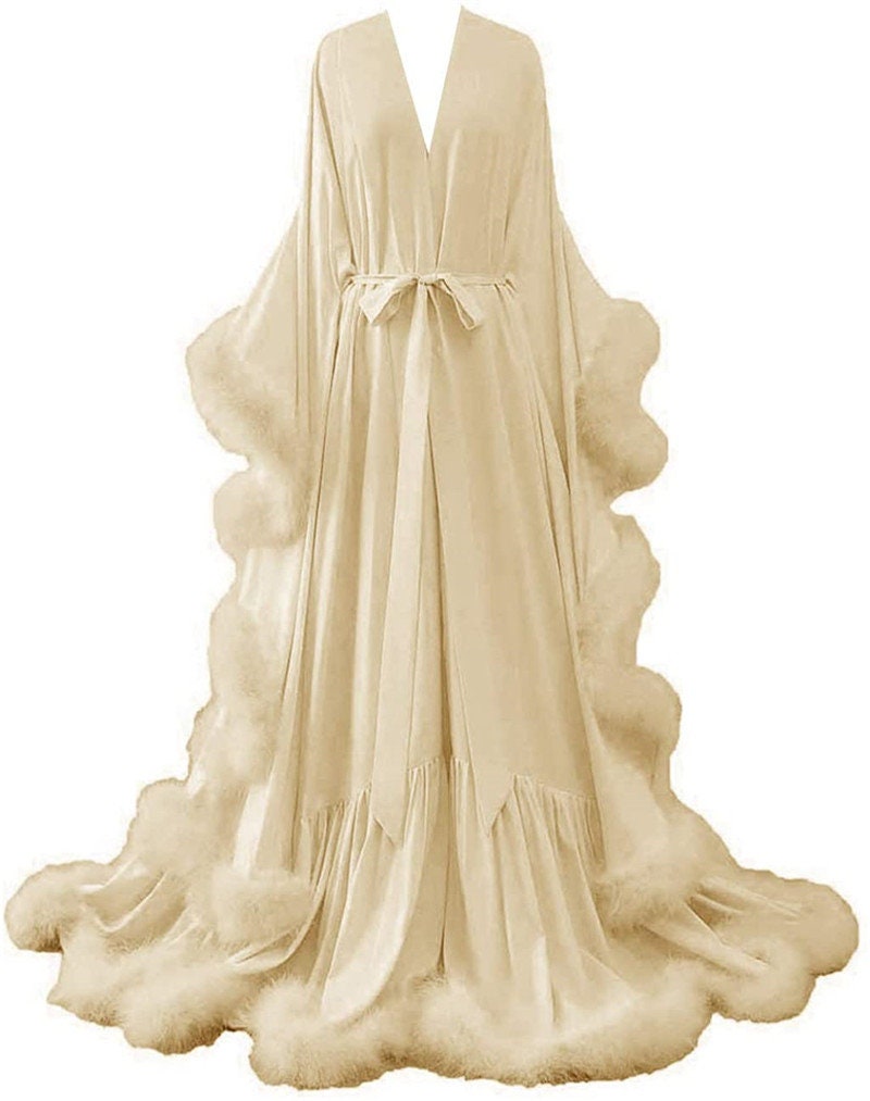 Silky Satin Feather Fringe Hem Long Robe (Victorian Style) - next day shipping selective colors SelenaHuanStudio