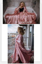 Silky Satin Feather Fringe Hem Long Robe (Victorian Style) - next day shipping selective colors SelenaHuanStudio