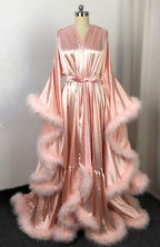 Silky Satin Feather Fringe Hem Long Robe (Victorian Style) - next day shipping selective colors SelenaHuanStudio