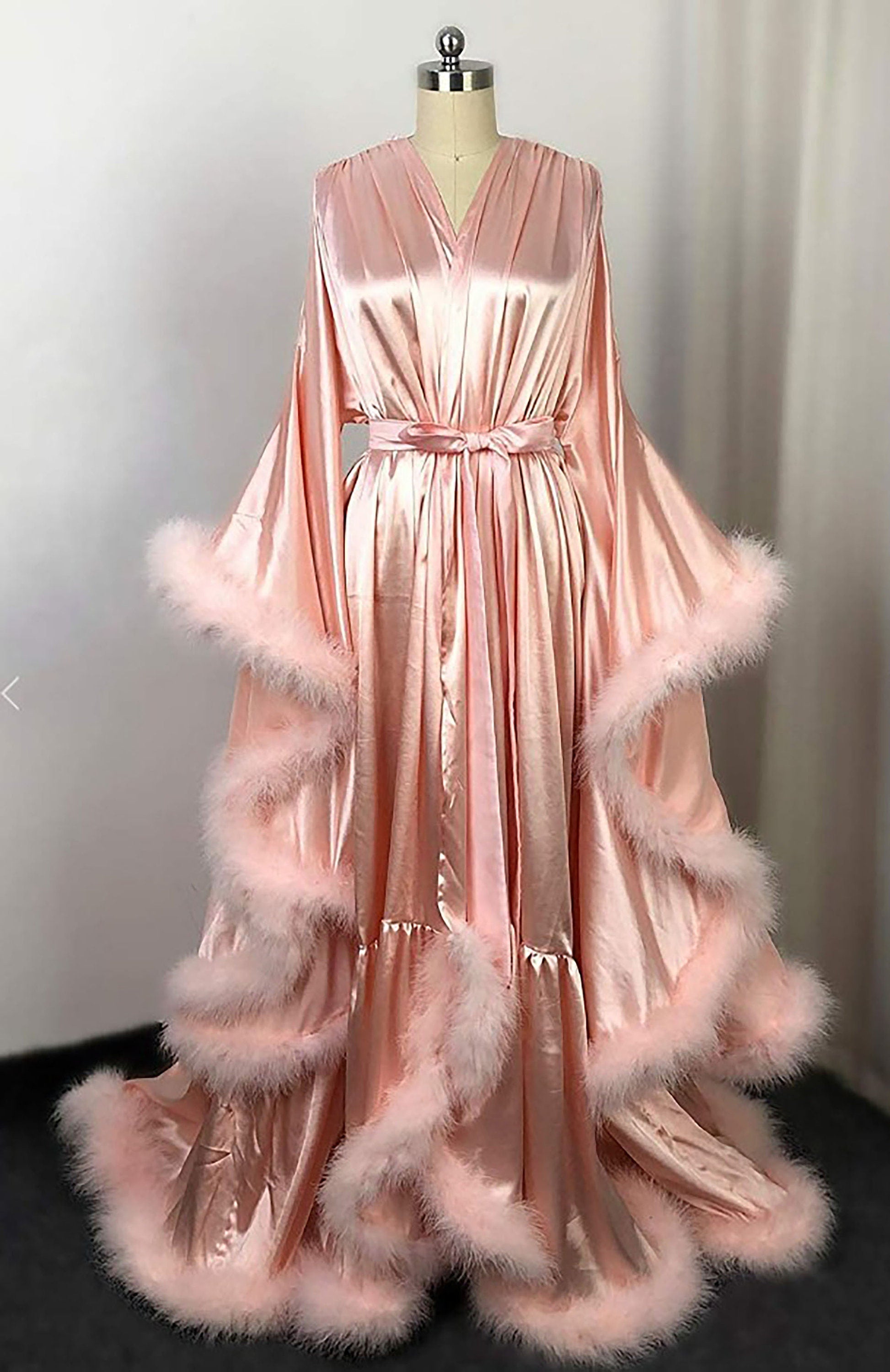 Silky Satin Feather Fringe Hem Long Robe (Victorian Style) - next day shipping selective colors SelenaHuanStudio
