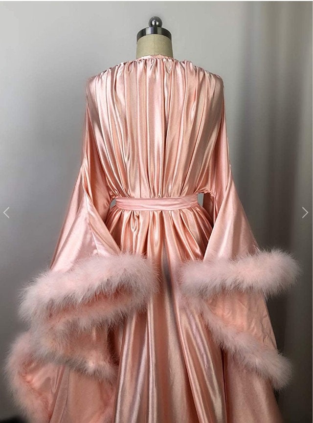 Silky Satin Feather Fringe Hem Long Robe (Victorian Style) - next day shipping selective colors SelenaHuanStudio
