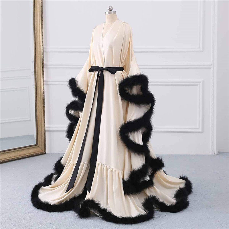 Silky Satin Feather Fringe Hem Long Robe (Victorian Style) - next day shipping selective colors SelenaHuanStudio