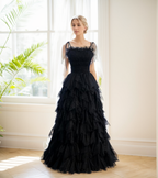 Spaghetti-straps Pleated bodice Ruffle Layered tutu soft tulle prom dress SelenaHuanStudio